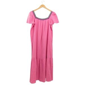 Pitusa Pink Square Neck Maxi Dress Embroidered Petite 100% Cotton OS
